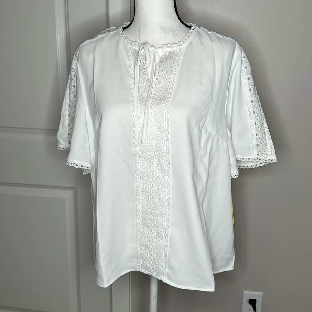 Cece Eyelet Trim Moss Crepe Top